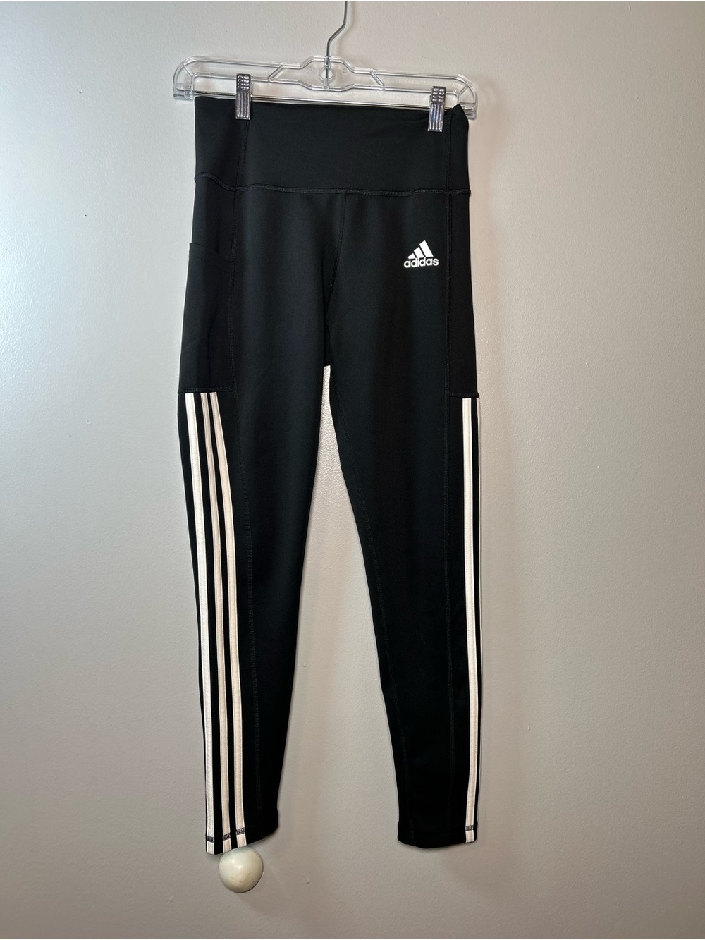 adidas Kids Black Leggings with White Three-Stripes pocket